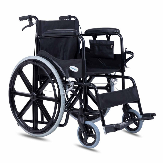 Everactiv Everyday Premium Foldable Wheelchair with 2 Extra Seat Cushions, 6 Wheels & Brakes for extra safety, Side Pouch, Bottle Holder