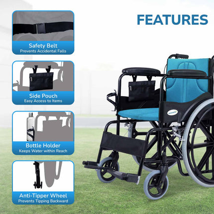Everactiv Everyday Premium Foldable Wheelchair with 2 Extra Seats, 6 Wheels & Brakes for extra safety, Side Pouch, Bottle Holder
