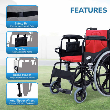 Everactiv Everyday Premium Foldable Wheelchair with 2 Extra Seats, 6 Wheels & Brakes for extra safety, Side Pouch, Bottle Holder