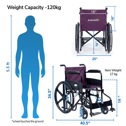 Everactiv Everyday Economy Foldable Wheelchair with Safety Seat belt, Weight Bearing Capacity 120 Kg